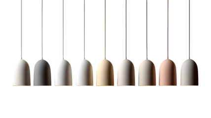 Elegant array of modern pendant lights with various neutral tones on a transparent backdrop
