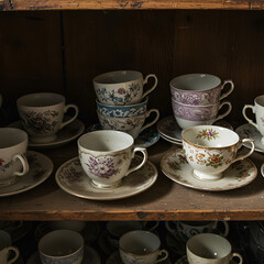 Fototapeta premium Antique teacups and saucers neatly arranged on a wooden shelf.