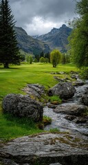 Obraz premium A tranquil mountain golf course with a babbling brook
