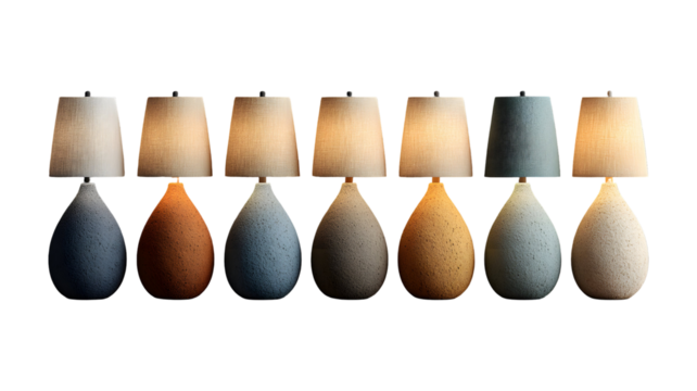 Elegant assortment of modern table lamps against a dramatic transparent background