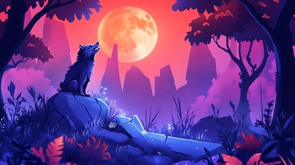 Wolf on moonlit rock in fantasy forest