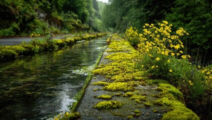 Forest canal lined with moss and wildflowers