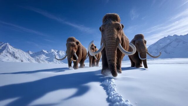 A group of woolly mammoths traversing a snow-covered landscape beneath a clear blue sky. The majestic animals evoke a sense of prehistoric grandeur.