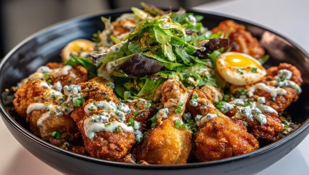 Crispy fried chicken with a blue cheese topping, mixed greens, and a soft-boiled egg
