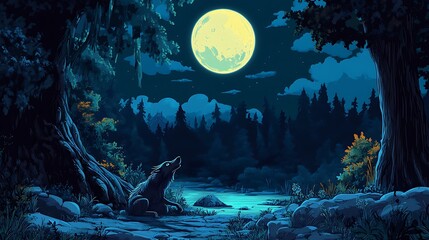 Wolf watching moonlit forest
