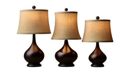 Elegant Table Lamps with Brown Wooden Bases and Beige Shades on transparent background