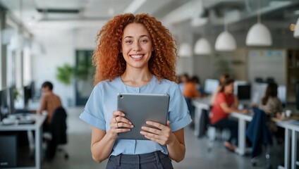 Happy confident young woman with curly red hair holding a tablet in a bright modern office.
