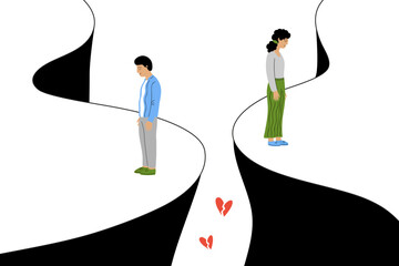 Man and woman standing on opposite sides of a cliff, separated by a gap and broken hearts.