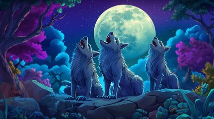 Wolves howling at full moon