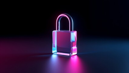 A transparent glass padlock illuminated by vibrant neon pink and blue light against a dark background symbolizing digital security and protection