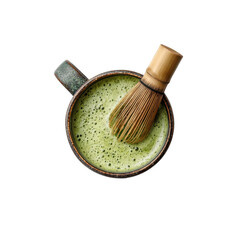 Overhead View of Matcha Latte in Rustic Mug with Bamboo Whisk