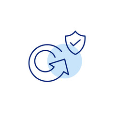 Renew arrow, shield and checkmark. Verified renewal, trusted update, secure refresh, approved continuation. Pixel perfect, editable stroke vector icon