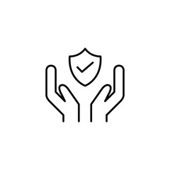 Two hands, shield and checkmark. Trusted protection, verified care, certified support, approved safety. Pixel perfect, editable stroke vector icon
