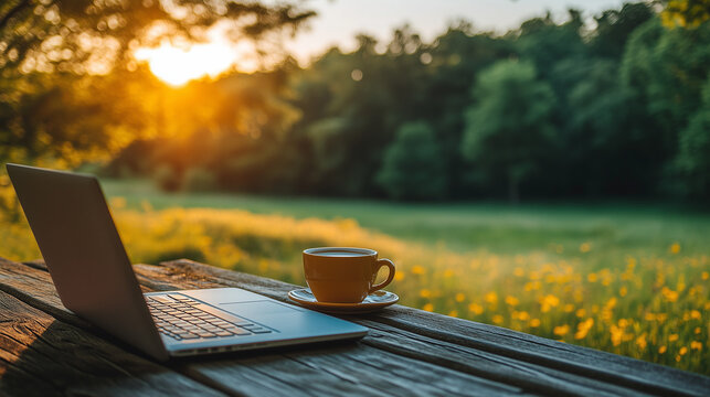 A laptop and a coffee cup sit on a rustic wooden table bathed in the warm light of an outdoor sunset. - Powered by Adobe