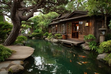 Quiet Eastern Tradition Structure Alongside Decorative Aquatic Garden
