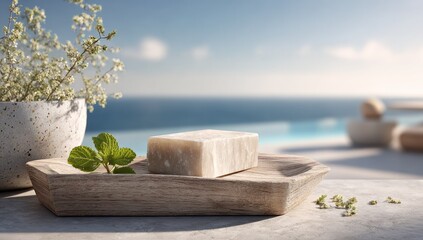 A light beige bar of soap rests on a wooden tray.  White flowers and mint leaves are nearby.  Ocean view