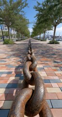 Rusty anchor chain stretches down a paved walkway