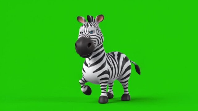 Animated cartoon zebra character showing various cute and funny poses with green background