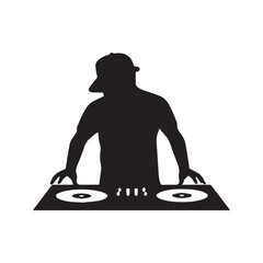 DJ silhouette at turntable deck. Disc jockey icon scratching vinyl records. Minimalist black and white vector for club, party, and music festival logo.
