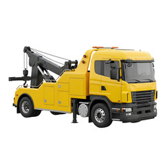 Naklejka premium A realistic 3D render of a yellow heavy-duty tow truck or wrecker, isolated on a transparent background (PNG).