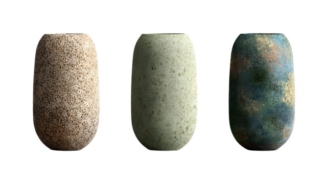 Three decorative vases showcasing unique textures and color variations on transparent backdrop