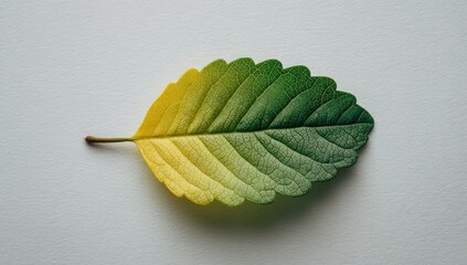A single leaf, vibrant with a gradient of yellow and green hues, rests on a neutral background