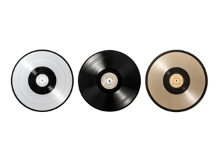 Vinyl Record Trio: A close-up shot showcasing three pristine vinyl records in striking metallic and classic black finishes, evoking nostalgia.