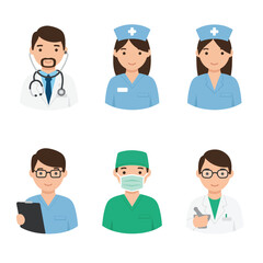 Cartoon illustrations of healthcare professionals, including doctors and nurses, smiling and ready to help.