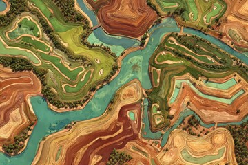 Colorful Aerial View Of A Golf Course Landscape With River