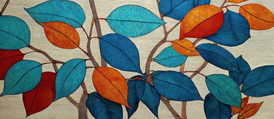 Colorful Autumn Leaves On Birch Wood Background