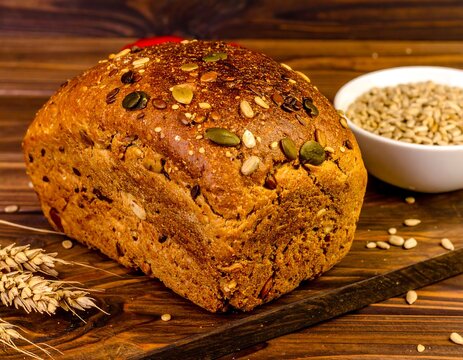 Rustic loaf of multigrain bread, seeds, wheat