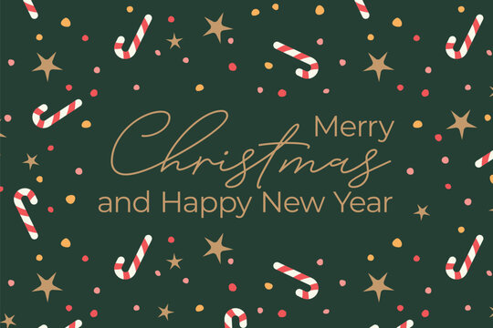 Christmas and New Year background with christmas candy canes, stars and dots; great for, greeting cards, social media graphics- vector illustration