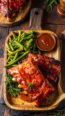 BBQ ribs with green beans and sauce