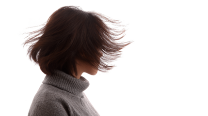 Elegant studio portrait of a thoughtful and serene woman with beautiful long brown hair her gentle gaze creating a calm peaceful and contemplative atmosphere.