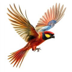 Fototapeta premium Vibrant bird in flight, wings outstretched, showcasing a mix of reds, oranges, and blues
