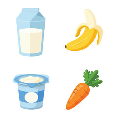 Healthy breakfast ingredients: milk, yogurt, banana, and carrot.