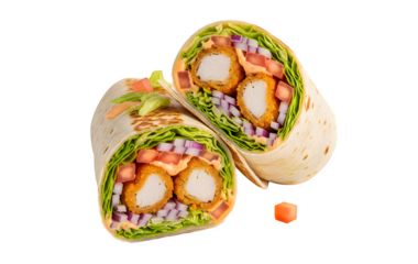 Fried chicken and veggies wrapped up, set against a white background

