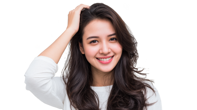 Portrait of a serene and thoughtful young woman with beautiful flowing long brown hair cascading over her shoulders her gentle gaze fixed slightly away from the viewer.