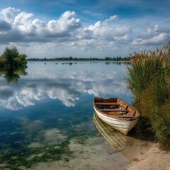 Obraz premium Tranquil lake scene with a small boat