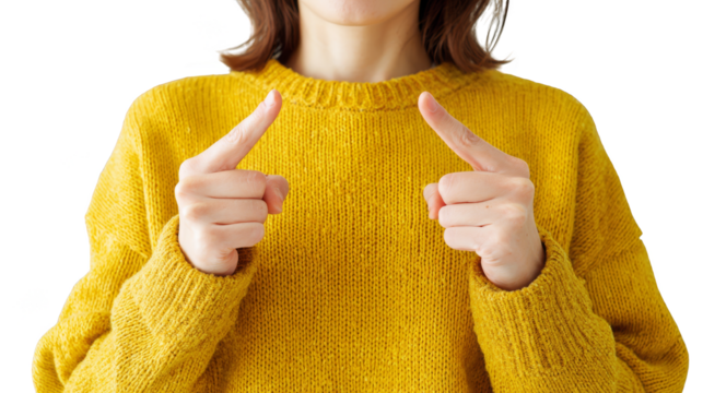 Expressive portrait of a cheerful and confident young person wearing a bright yellow sweater enthusiastically giving a double thumbs up gesture to show agreement support and success.
