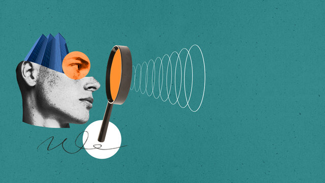 Surreal collage art of human head with magnifying glass focused on abstract waves. Concept of education, psychology, research curiosity, cognitive awareness, and futuristic learning.