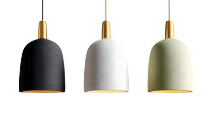 Three modern pendant lights in different colors on a transparent background, minimalist design