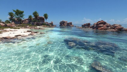 Obraz premium Tropical paradise cove with calm turquoise water and reddish rocks. Lush vegetation and palm trees line a pristine white sand beach