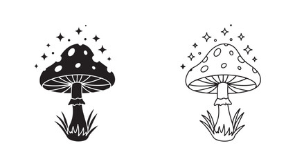 Mushroom with sparkles and grass, outline and solid style