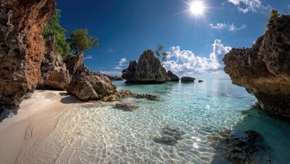 Fototapeta premium Pristine, sun-drenched beach cove with crystal-clear water and dramatic rock formations
