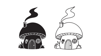 Mushroom house with smoke, outline and filled versions