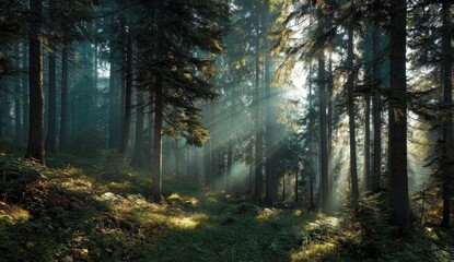 Fototapeta premium Sunlight streams through a dense forest. Sunlight penetrates a misty, dark woodland. Sunlight illuminates the forest floor, dappled shadows