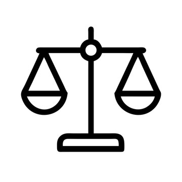 Illustration of a balanced scales of justice with two pans and a central stand in black outline style