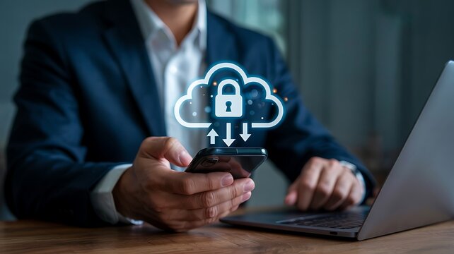Businessman using smartphone with glowing cloud security icon and data transfer arrows next to laptop on desk