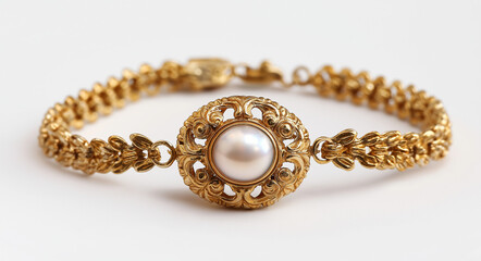 An ornate gold bracelet with an oval white red in the center, bracelet.